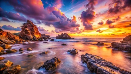 Stunning Rocky Seashore Silhouette at Sunrise - Nature's Beauty Unveiled