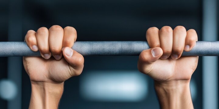 Close-up of hands gripping pull-up bar in gym, focusing on strength and fitness