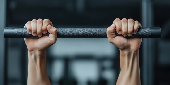 Strong grip on pull-up bar with focused exercise strength and determination in fitness training