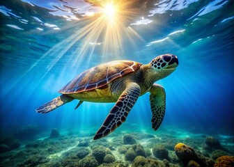 Obraz premium Stunning Sea Turtle Silhouette Swimming Alongside Underwater Camera - Marine Life Photography