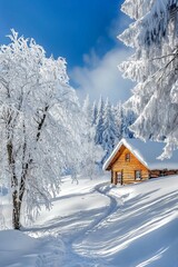 Fototapeta premium A serene snowy landscape with a wooden cabin nestled between snow-covered trees. 