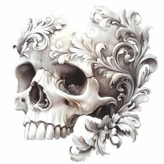 Naklejka premium Elegant Skull with Ornate Floral Design on white background
