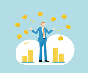 大量のコインに囲まれたスーツ姿の男性のベクターイラスト画像