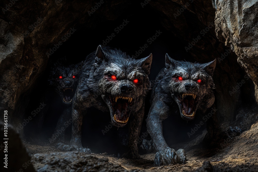 Wall mural A fierce three-headed Cerberus, standing guard at the gates of the underworld