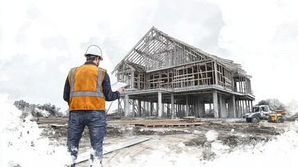 Fototapeta premium Construction worker and house under construction, symbol of home building progress
