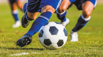 Fototapeta premium Close up of a soccer player kicking the ball during a game.