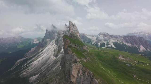 Aerial view of mountain landscape in the Dolomites, Italy on a sunny day