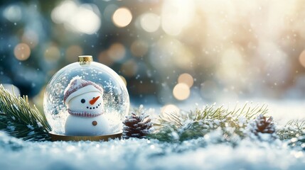 Winter-themed 3D house surrounded by pine leaves, snowman, and snow globe in a close-up, warm and inviting holiday advertising visual