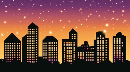 Fototapeta premium Silhouette of a city skyline at dusk with a starry sky.