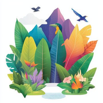 colorful tropical bird leaves mountain scene clip art preview