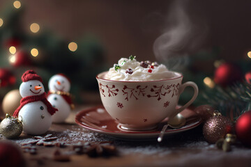 Fototapeta premium Hot winter drink in a mug: cozy home composition with homemade gingerbread cookies, candy cane, fir tree branch. Wooden background, christmas lights and candles 