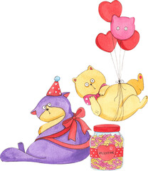 A fat purple cat wearing a party hat and a big red bow sits near a jar of food. Another yellow cat floats up because it is tied to several balloons., hand-drawn watercolor painting illustration