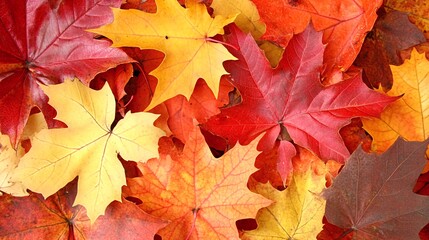 Fototapeta premium A close-up view of colorful autumn leaves, showcasing shades of red, yellow, orange, and brown.