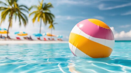 Obraz premium Colorful beach ball floating in tropical paradise with palm trees and blue water