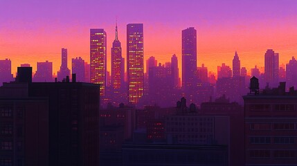 Fototapeta premium A stunning sunset casts a warm glow over a cityscape, highlighting the silhouettes of skyscrapers against the vibrant sky.