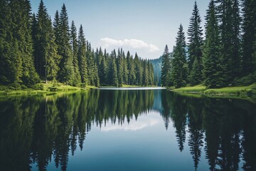 Serene Lake Surrounded by Tall Pine Trees Reflection