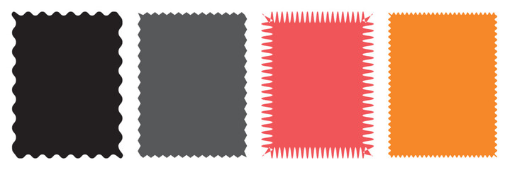 Zigzag edge square shapes collection. Colorful Jagged sticker or stamp set with wavy. Vector illustration isolated on white  background.  EPS 10