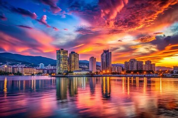 Fototapeta premium Stunning Skyline of Novorossiysk at Dusk with Vibrant Colors and Copy Space for Creative Use