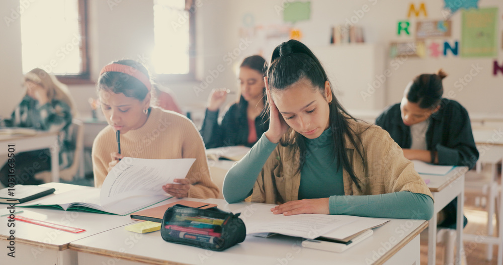 Poster Education, reading or people in high school for test, assignment or knowledge development in assessment. Students, thinking or exam in classroom for English, understanding question or problem solving