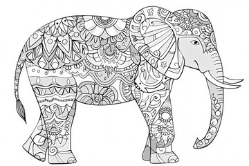 Fototapeta premium Intricately designed elephant illustration featuring decorative patterns in black and white, perfect for coloring or artistic inspiration.