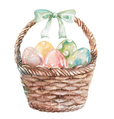 Easter wicker basket with green ribbon bow on handle and painted eggs watercolor illustration