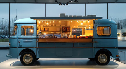 Side view of a blue food truck indoors.