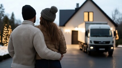 Couple embracing new journey in front of their new home with moving truck