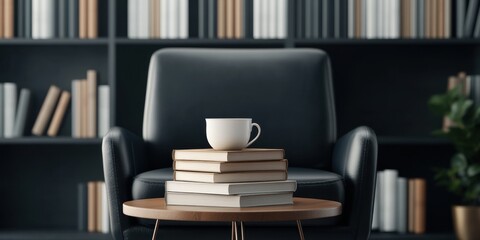 Cozy reading nook with books and coffee mug in modern library setting