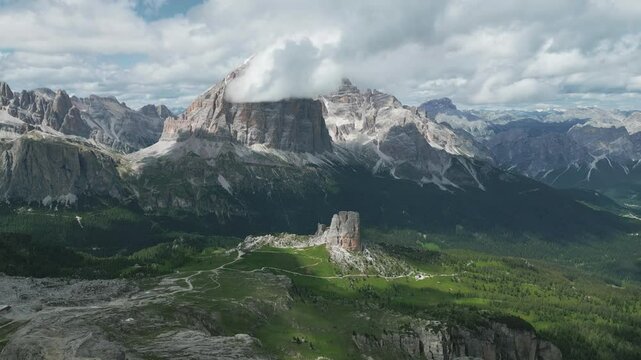 Aerial view of mountain landscape in the Dolomites, Italy on a sunny day