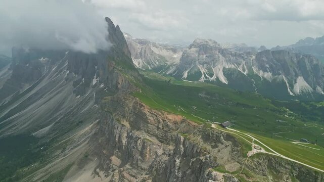Aerial view of mountain landscape in the Dolomites, Italy on a sunny day