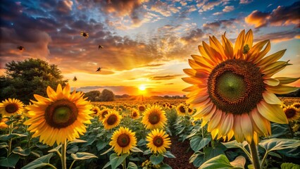 Fototapeta premium Stunning Sunlit Sunflower Field with Bees at Sunset - Vibrant Sky Silhouette Photography