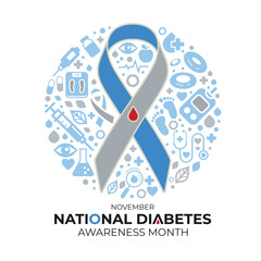 November, National diabetes awareness month - Blue and gray ribbon and features a blood drop symbol in the center of the pin and icon about diabets around vector design