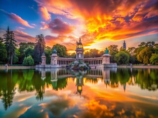 Naklejka premium Stunning Sunrise Time Lapse Over El Retiro Park in Madrid, Spain - Nature and Urban Beauty
