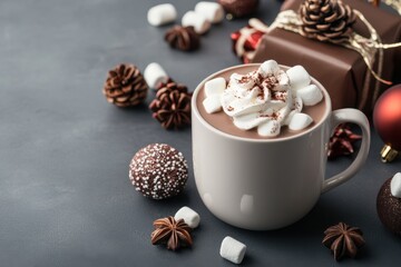 Cozy winter hot chocolate with marshmallows and festive decorations