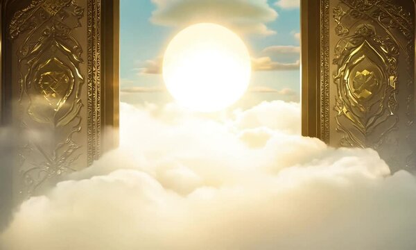 Ornate golden double doors open to reveal a bright, white light.