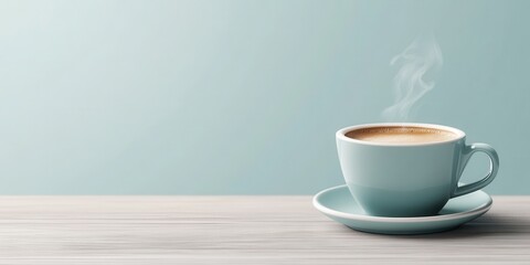 Obraz premium Steaming cup of coffee on wooden surface against soft blue background