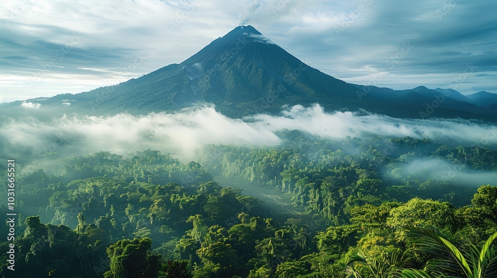 Poster The volcano from an elevated perspective, surrounded by dense jungle and misty clouds. The mountain is majestic with its sharp peak partially.