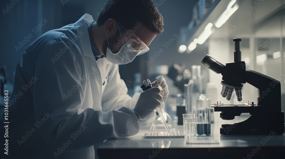 Poster A Scientist in a Lab Coat Using a Pipette and a Microscope