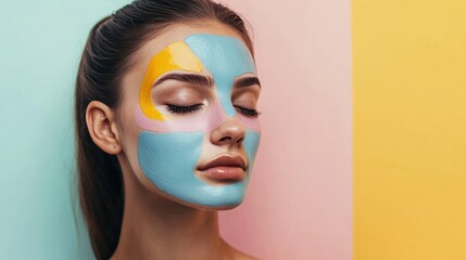 A young woman with closed eyes and a pastel blue, yellow, and pink face mask on her skin against the background