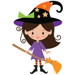 Cute little witch girl  vector cartoon illustration