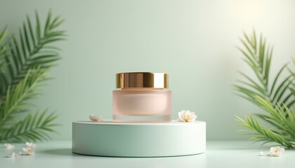 Mockup of a luxury skincare jar neatly placed on a podium on a spa-themed background.