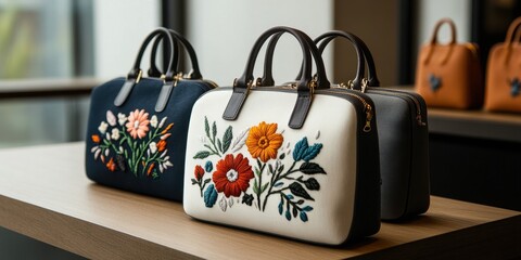 Stylish floral embroidered handbags on display with elegant designs