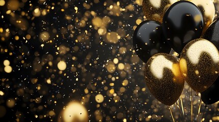 Shimmering Gold and Black Balloon Confetti Background for and Promotions