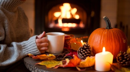 Cozy Autumn Evening by the Fireplace with Hot Drink and Seasonal Decorations.
