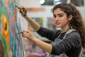 Young Woman Painting on Canvas Using Art Therapy