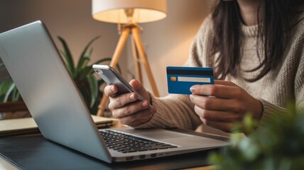 Person making an online purchase using a credit card and smartphone at home.