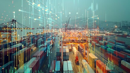 Dynamic graph of logistics expenses overlaid with vibrant shipping containers in a port setting