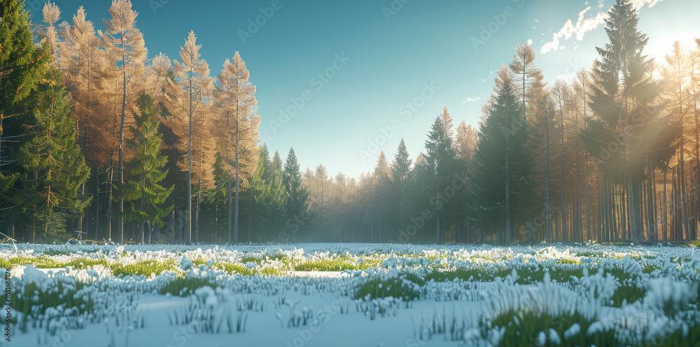 Poster a large coniferous forest, beautiful view of large green trees.