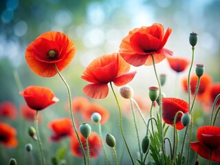 Fototapeta premium Stunning Tilt-Shift Photography of Red Poppies on White Background for Floral Designs