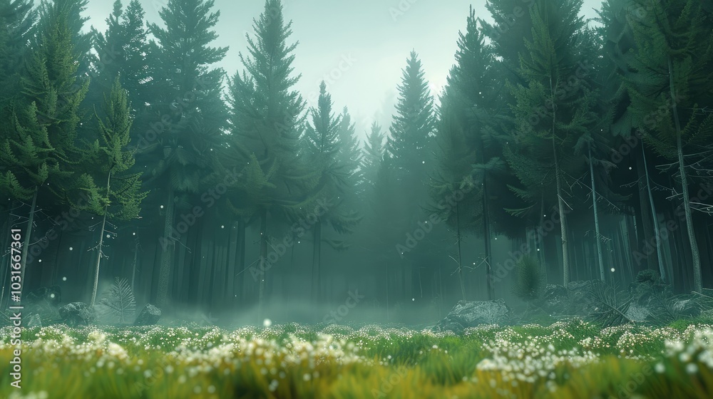 Poster a large coniferous forest, beautiful view of large green trees.
